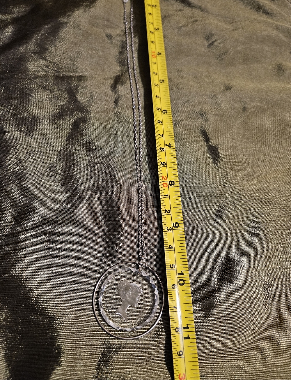 Vintage Clear Round Pendant Necklace with Profile Motif - Silver Tone